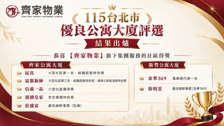 恭賀齊家旗下集團服務社區於「115年臺北市優良公寓大廈評選」中脫穎而出,榮獲多項大獎!